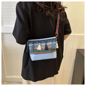 Damen Bohemian Ethnisch Schultertasche PU Leder Gewebe Mit Quasten Geometrisch Breiter Gurt Retro Mode Umhängetasche