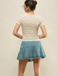 Summer lace short sleeve top and pleated denim mini skirt set for women, back view