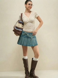 White lace V-neck short sleeve top with pleated neckline and denim pleated mini skirt set