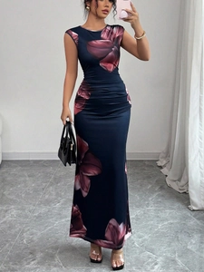 Women Elegant Ruched Floral Maxi Dress Sleeveless Round Neck Slim Fit Bodycon Evening Party Dress Navy Blue Flower Print