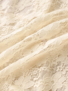 Detailed macro view of off-white floral lace fabric with intricate crochet patterns