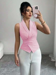Detail of pink striped sleeveless wrap shirt with V-neck and waist tie design