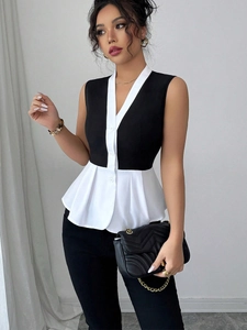 Ärmellose V-Ausschnitt Peplum-Bluse für Damen mit Schwarz-Weiß-Farbblock-Kontrast