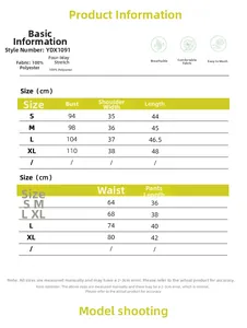Size chart for women vest and shorts set showing measurements for S, M, L, XL in cm