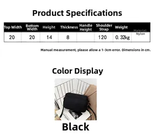 Size chart for black nylon crossbody bag showing 20x14x8cm dimensions and lightweight details