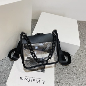 Vue détaillée du sac bandoulière en PVC transparent noir avec chaîne et sangle nylon