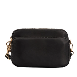 Lightweight black nylon crossbody bag with dual zipper compartments and gold hardware