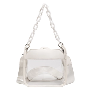 Minimalist transparent PVC crossbody bag with white chain strap and adjustable fabric strap