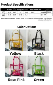 Size chart and color display of transparent PVC tote bag with plush STUFF letter patches