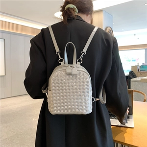 Mini grey backpack with sparkling rhinestones for women, elegant casual shoulder bag