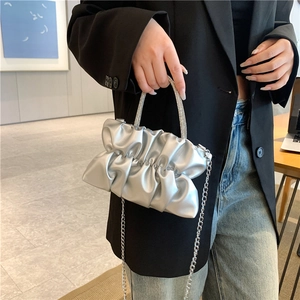Silver pleated cloud bag with rhinestone handle and metal chain strap for women