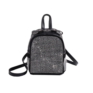 Sparkling black rhinestone mini backpack with silver crystals and metal zipper for women