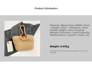 Detailed size specifications for woven handbag with dimensions 35x20x10cm and pearl clasp