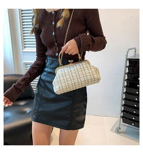 Detail of tweed crossbody bag with gold frame closure and metal chain strap