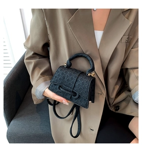 Detailed view of the woven texture and metal buckle on this stylish black mini bag