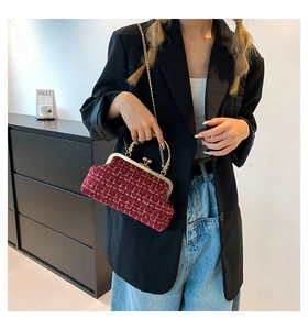 Chic red tweed crossbody bag with gold chain strap shown on a model in a modern room