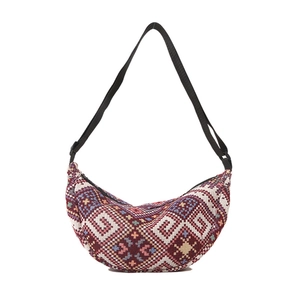 Large bohemian woven half-moon tote bag with geometric patterns and adjustable strap