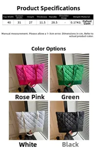 Size chart for quilted oxford tote bag with four color options and product dimensions