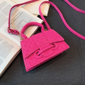 French style vibrant hot pink woven texture mini handbag with shoulder strap and metal rings