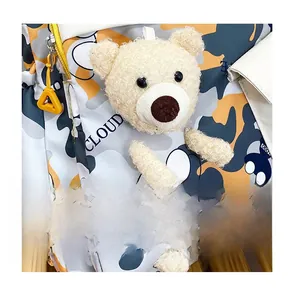 Macro detail of camouflage backpack with CLOUD text and beige plush bear accessory