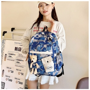 Blue camouflage backpack detail with front flap pocket and cute teddy bear pendant