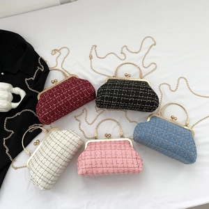 Elegant tweed clutch bags with metal ring handle and chain strap in five colors