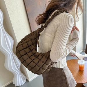 Quilted cloud shoulder bag in coffee brown with ruched bubble strap for women
