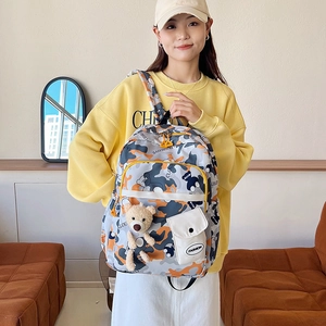 Floral multi-pocket backpack for women with bear pendant and adjustable straps
