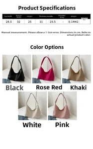 Detailed size guide and color options for the large PU leather solid hobo bag
