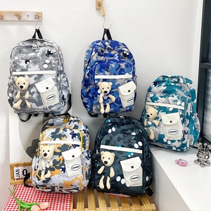 Fashion floral print backpack with high capacity and cute bear charm in five colors