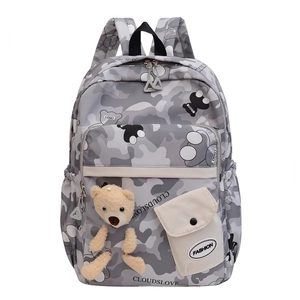 Gray camouflage floral backpack for women with a cute teddy bear charm and large capacity