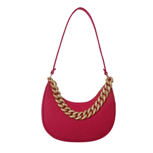 Pink crescent shoulder bag in snakeskin pattern with chunky gold chain detail
