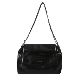 French style black crinkled leather shoulder bag with chain strap and fashion logo