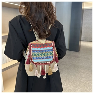 Detail of ethnic backpack with colorful embroidery and woven tassels on back