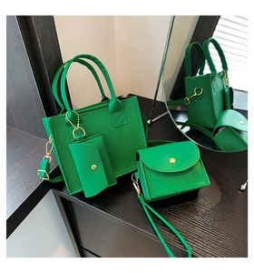 Detailed set of green quilted PU leather handbags including tote and crossbody bags