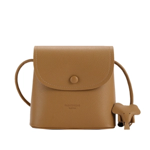 Brown pebbled leather bucket bag with cute elephant charm and gold fashion lettering