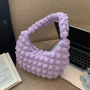 Borsa hobo viola alla moda con texture popcorn e tracolla a pieghe per donna