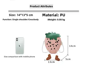 Pink strawberry crossbody bag for kids with cartoon face and size reference of 14x13x5cm