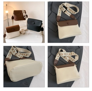 Detail view of stylish square crossbody bags with geometric wide straps in various colors