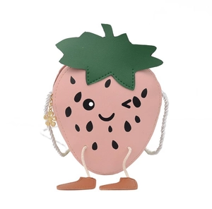 Cute pink strawberry shaped kids shoulder bag with cartoon face and green leaf detail