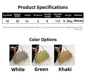 Size chart and details of small woven evening bag with ring handle and chain strap