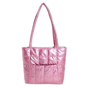 Pink metallic quilted tote bag with large capacity and square stitching detail for women