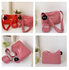 Detail of trendy nylon crossbody bag with mini pouch and plush mascot charm