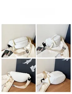 Multi-angle views of a white minimalist nylon waist bag with rope zipper details