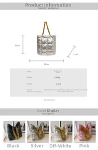 Size guide for quilted bucket bag with pearlized fabric and chunky chain measurements