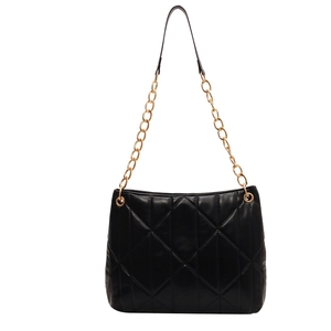 Classic black quilted shoulder bag with golden chain strap on a white background