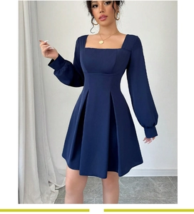 Detail of square neck pleated dark blue mini dress with long lantern sleeves and high waist