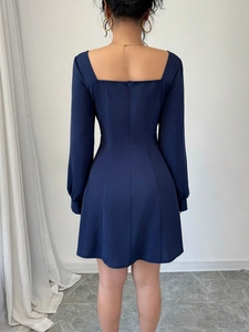 Slim fit navy blue long sleeve A-line dress featuring square neck and hidden back zipper