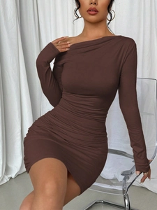Deep brown long sleeve ruched bodycon dress with off-shoulder neckline for women