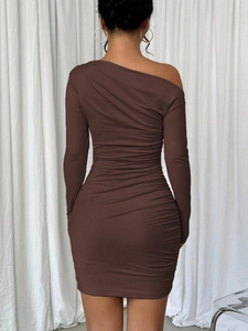 Slim fit dark brown one-shoulder ruched mini dress with long sleeves for women